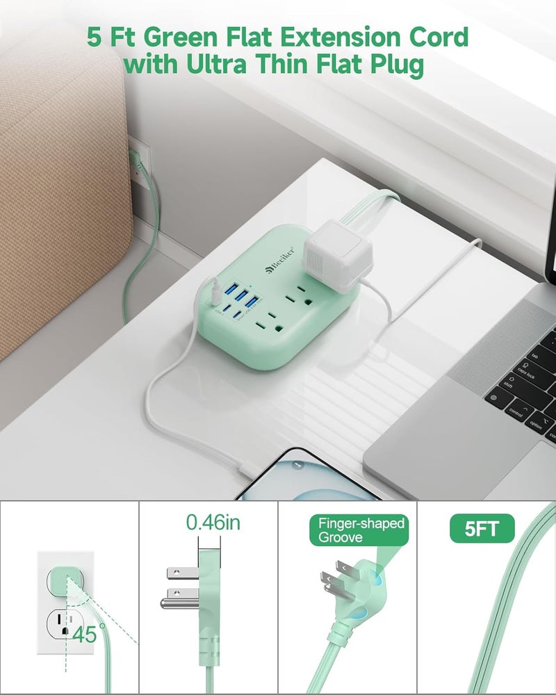 Beeiker 6 USB(3 USB C) Green Travel Power Strip- 5Ft Green Extension Cord with 6 USB Charging Station 24W and 3 Outlets, Cute Desk Accessories for Cruise Travel Kawaii Home Office Dorm Room - Image 5